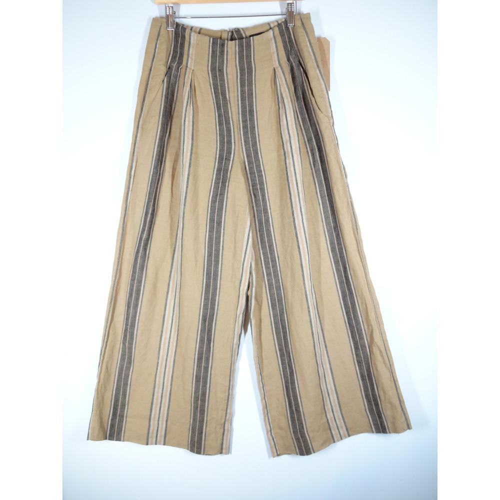 VTG Banana Republic Wide Leg Pants Womens S Tan Striped Linen Coastal Trousers